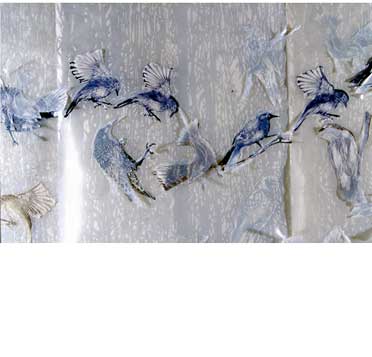 Title :Bird Shadows detail layered linocut on rice paper